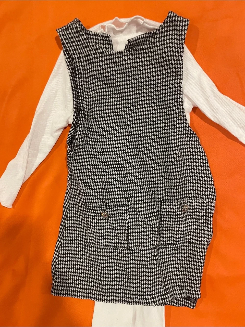 Girls Black & White Houndstooth Pinafore Dress with White Top